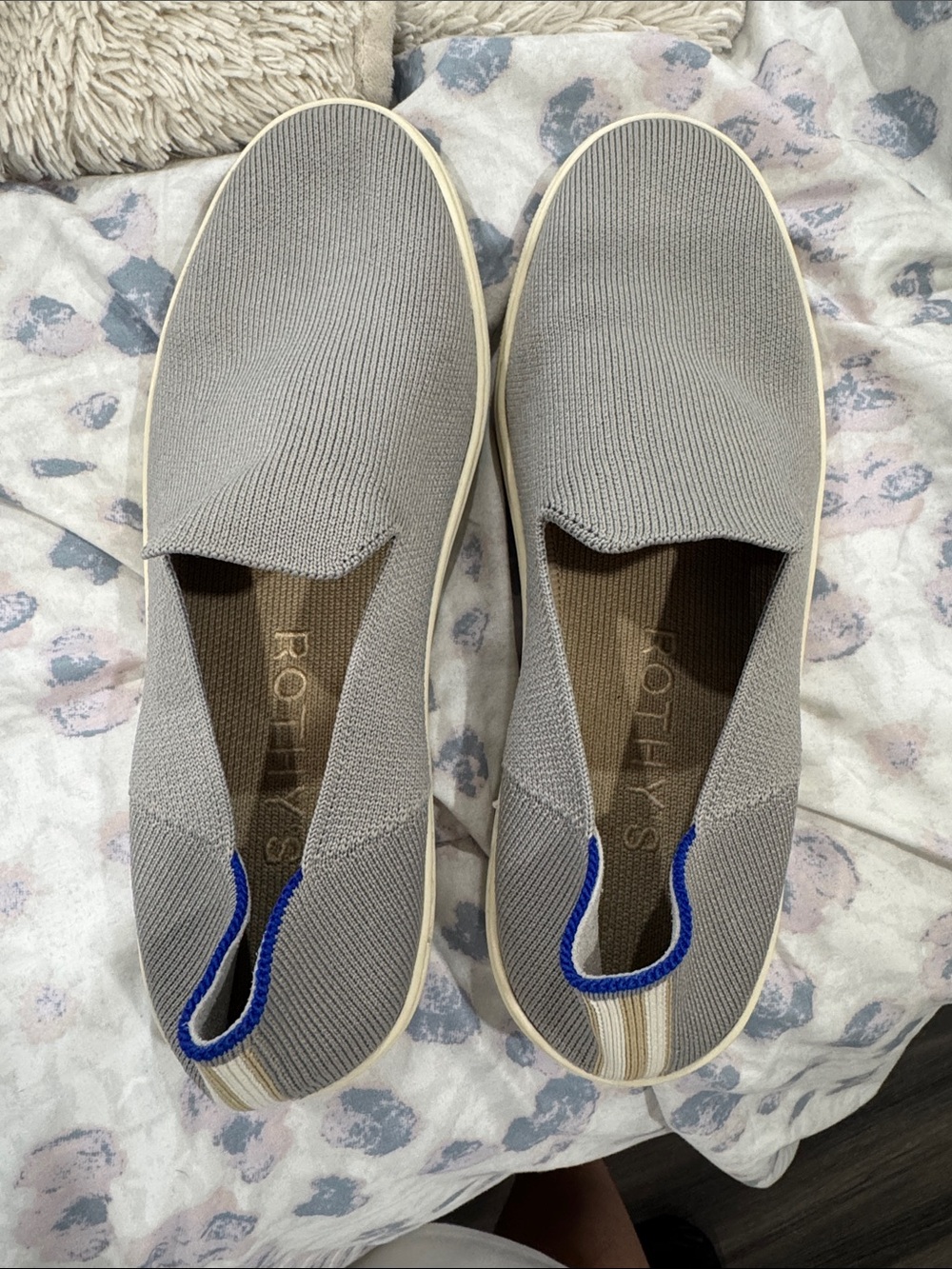 Rothy's Gray Slip-On Flats with Blue Trim